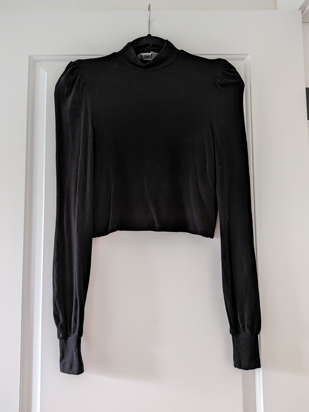 Reformation Black Mock Neck Puff-Sleeve Crop Top
